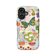 Colorful patchwork butterfly and picnic illustrated phone case, rear view for dual camera