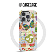 Colorful patchwork phone case with butterfly, fruit, and cartoon motifs, rear angle