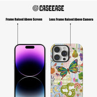 Colorful CASEEASE phone case front and rear showing raised screen and camera frames