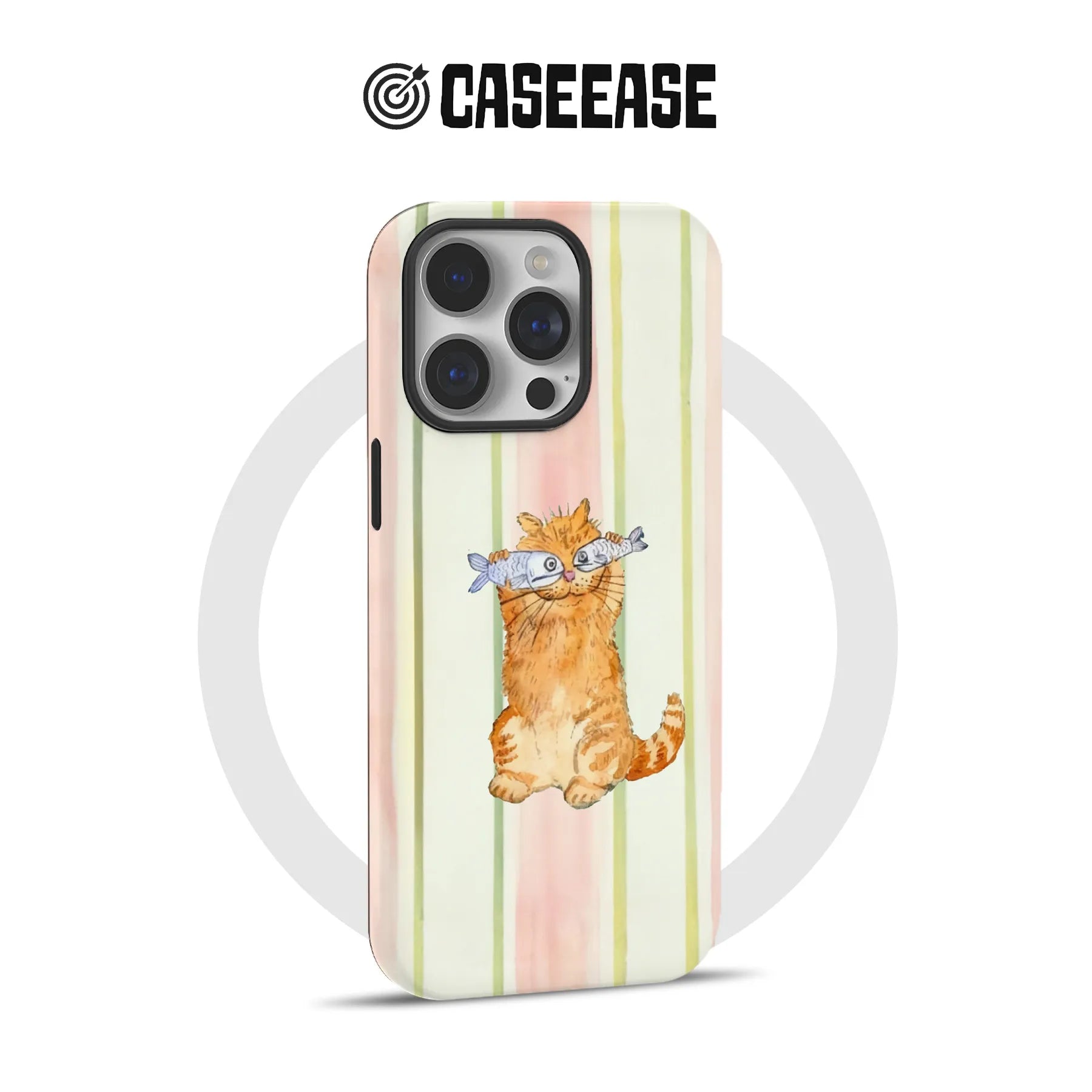 Bonita funda para teléfono con diseño de gato pelirrojo y pez