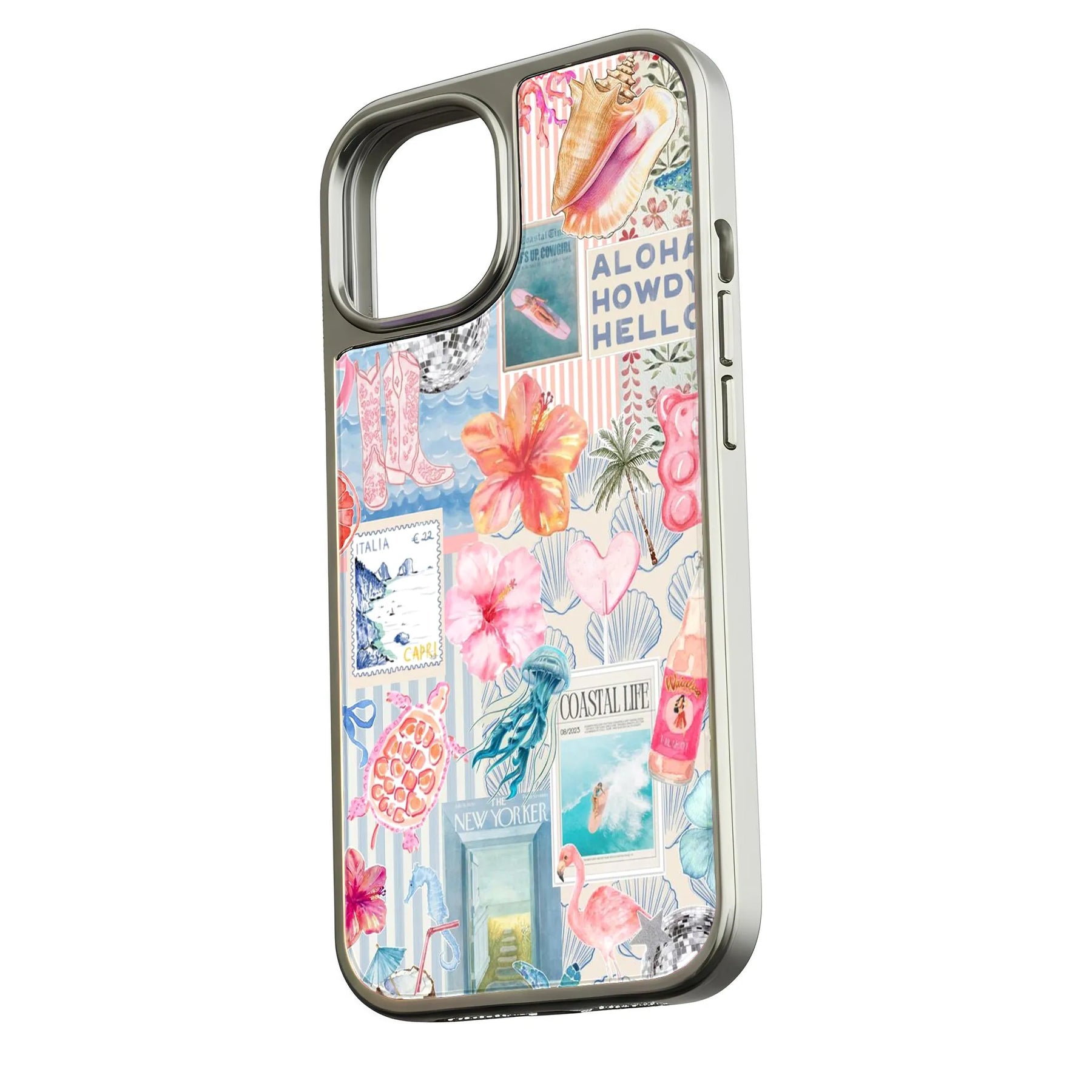 Silver phone case with colorful coastal collage pattern, shown from angled side