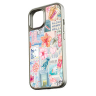 Silver phone case with colorful coastal collage pattern, shown from angled side