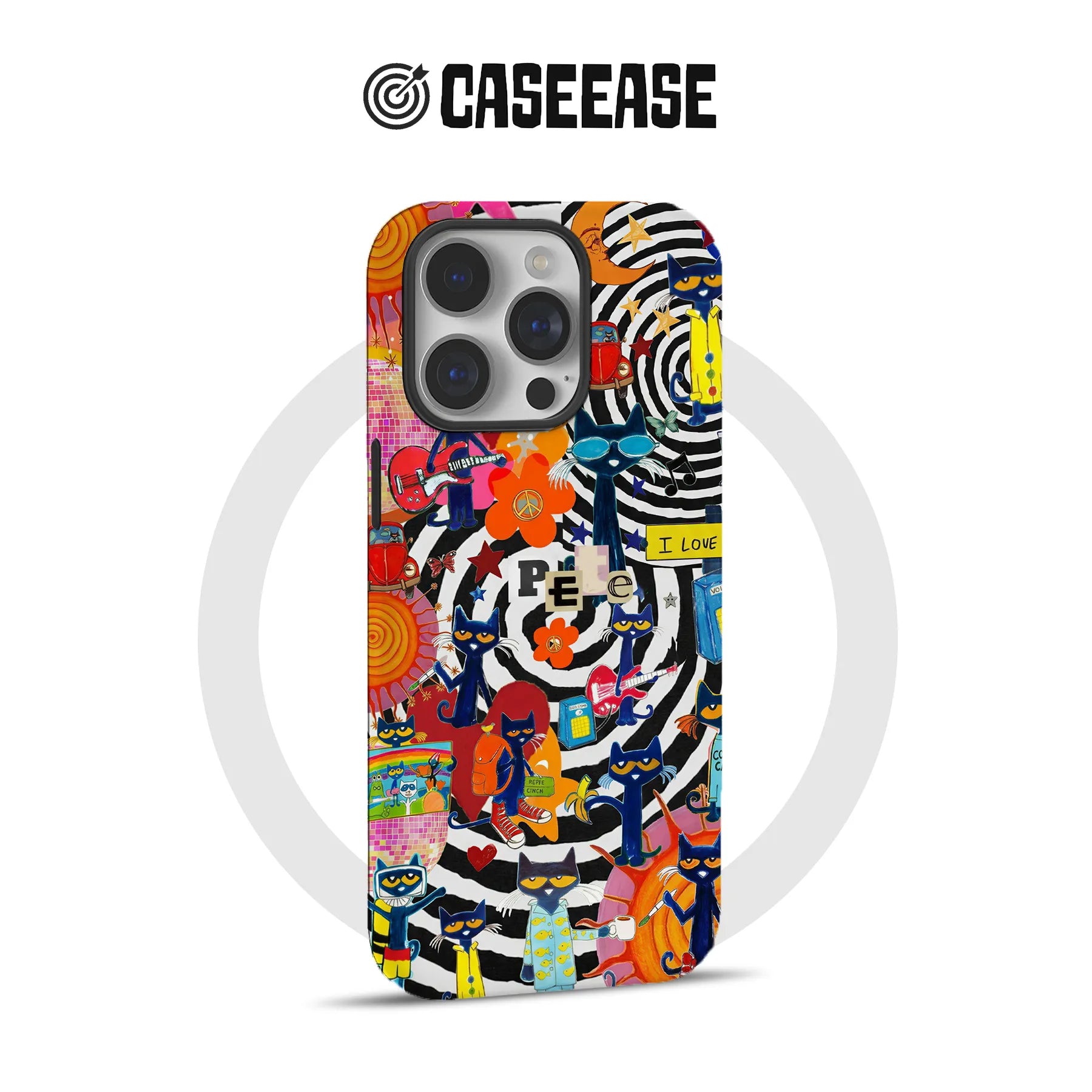 Colorful CASEEASE phone case with cartoon cats, front view for Shopify product page