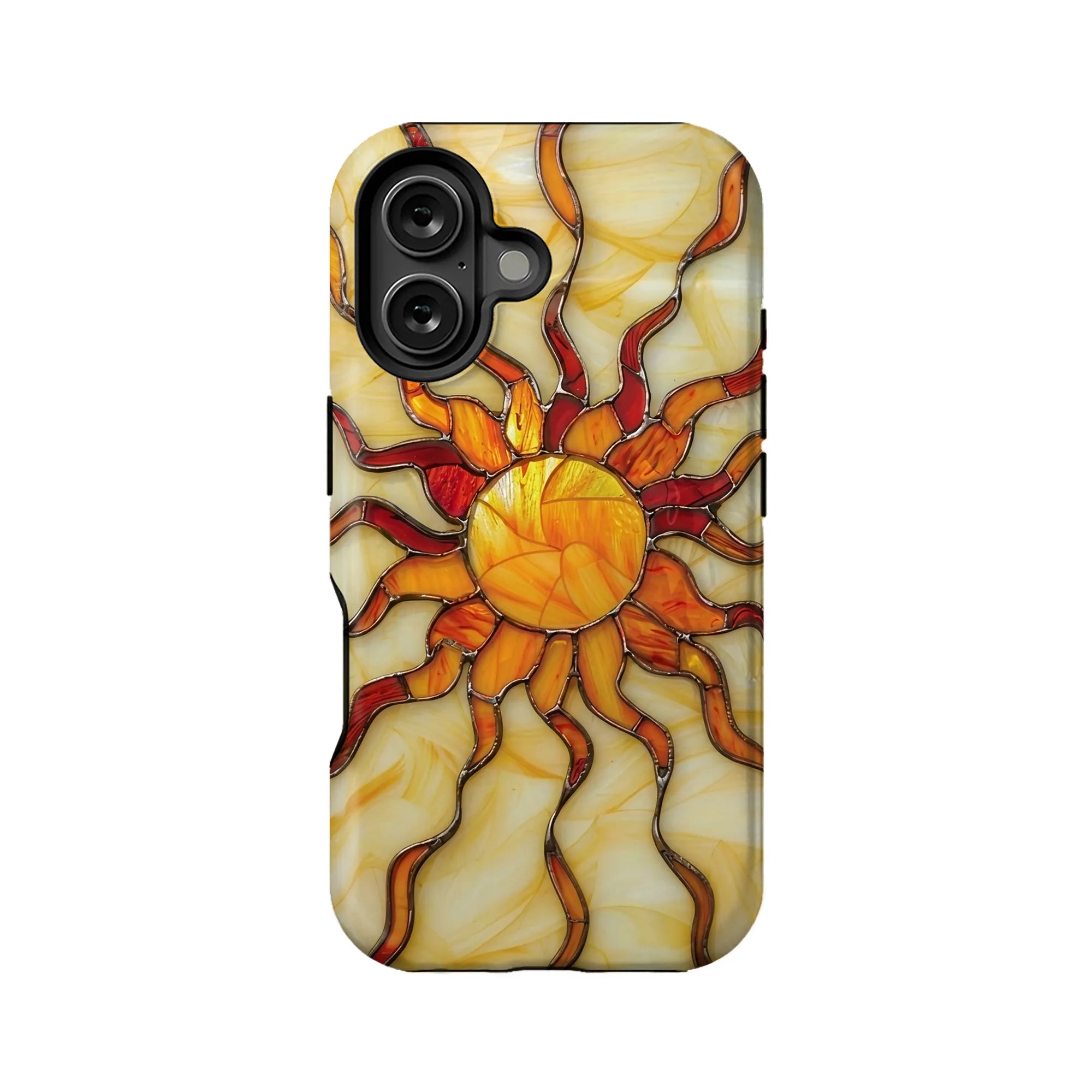 Yellow and orange stained glass-style sun phone case, rear view with camera cutout