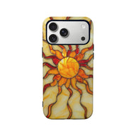 Yellow and orange stained glass sun phone case, back angle with camera cutout
