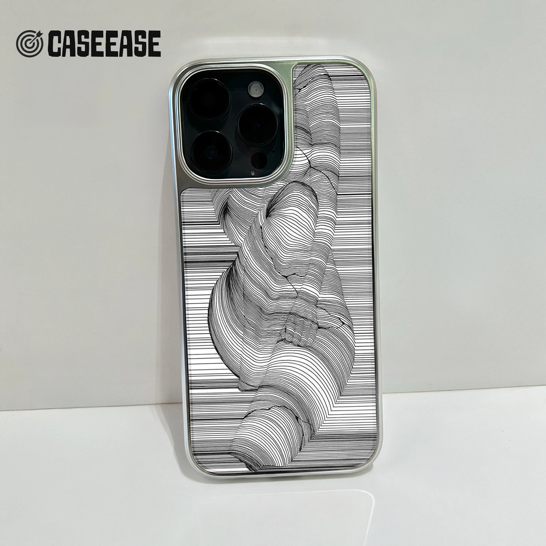 Holographic Chrome Phone Case for iPhone 15 Pro - Artistic Black Line Design