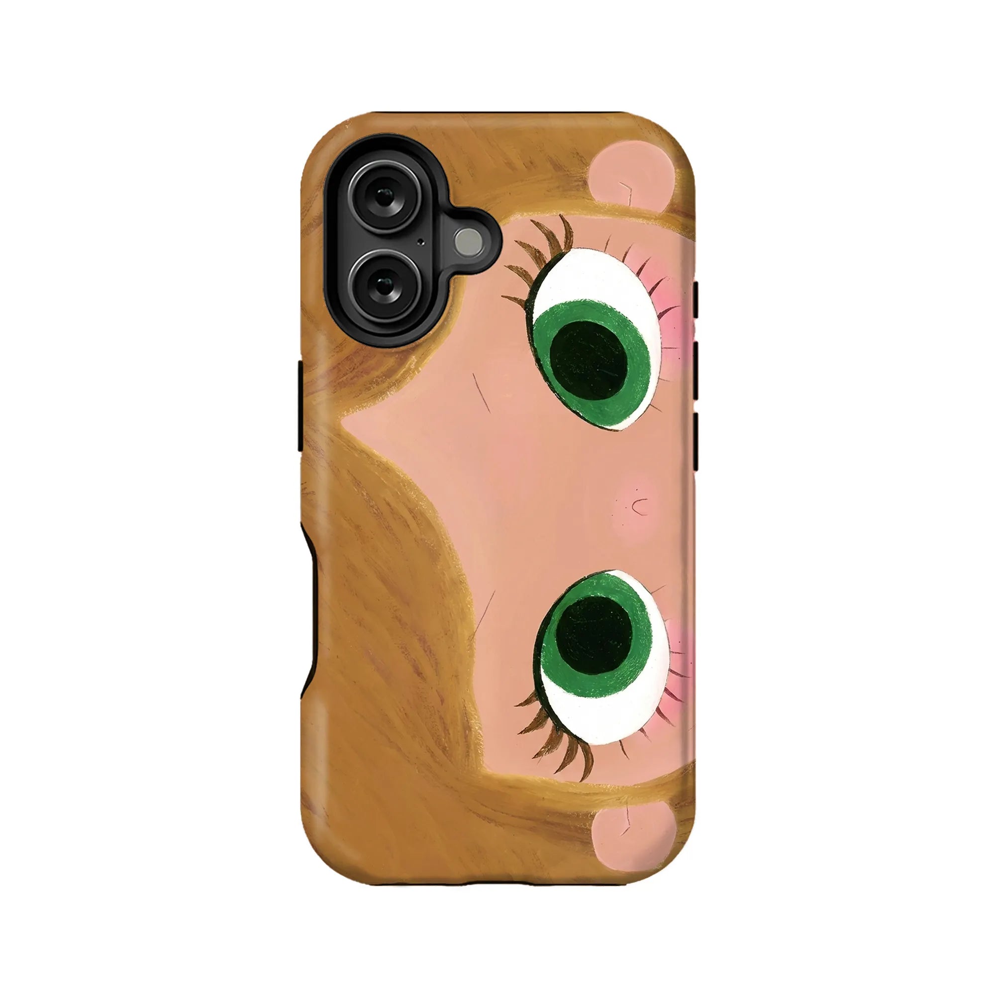Pink and tan illustrated face phone case, rear product angle with camera cutout