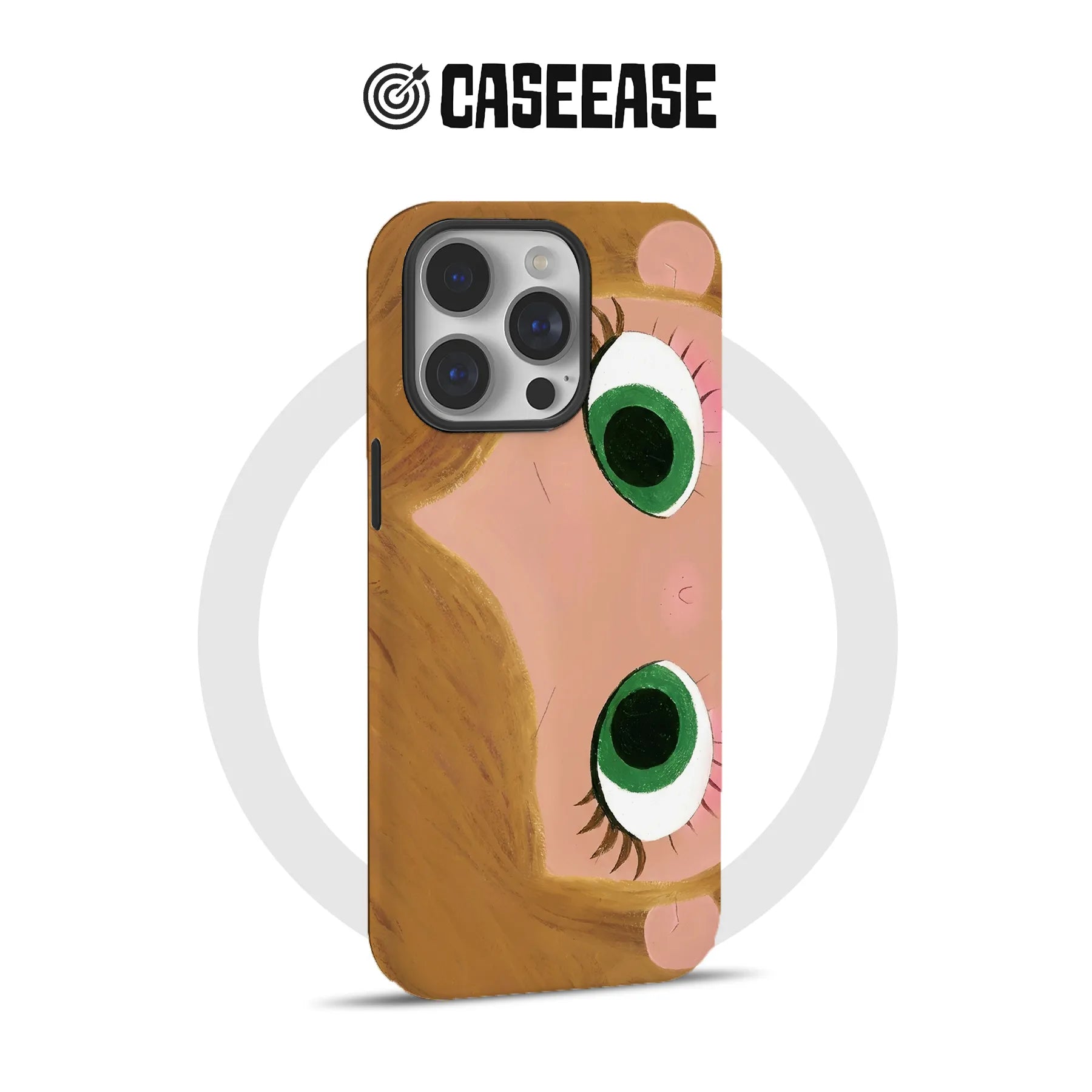 Brown cartoon face iPhone case with green eyes, rear angle for product page