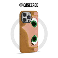Brown cartoon face iPhone case with green eyes, rear angle for product page