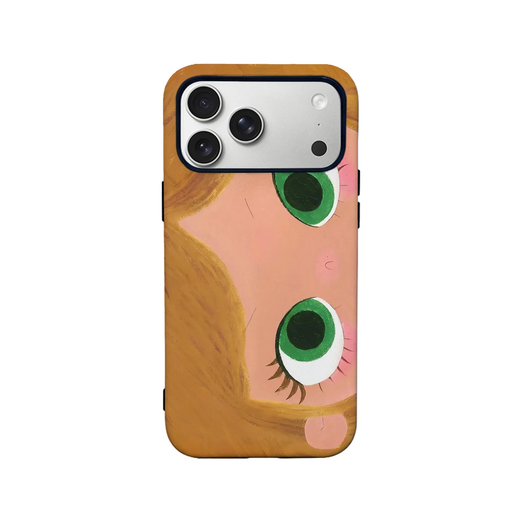 Peach and brown cartoon eye phone case, rear view with camera cutout
