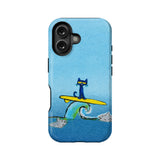 Blue phone case with cartoon surfing cat and sharks, rear product angle