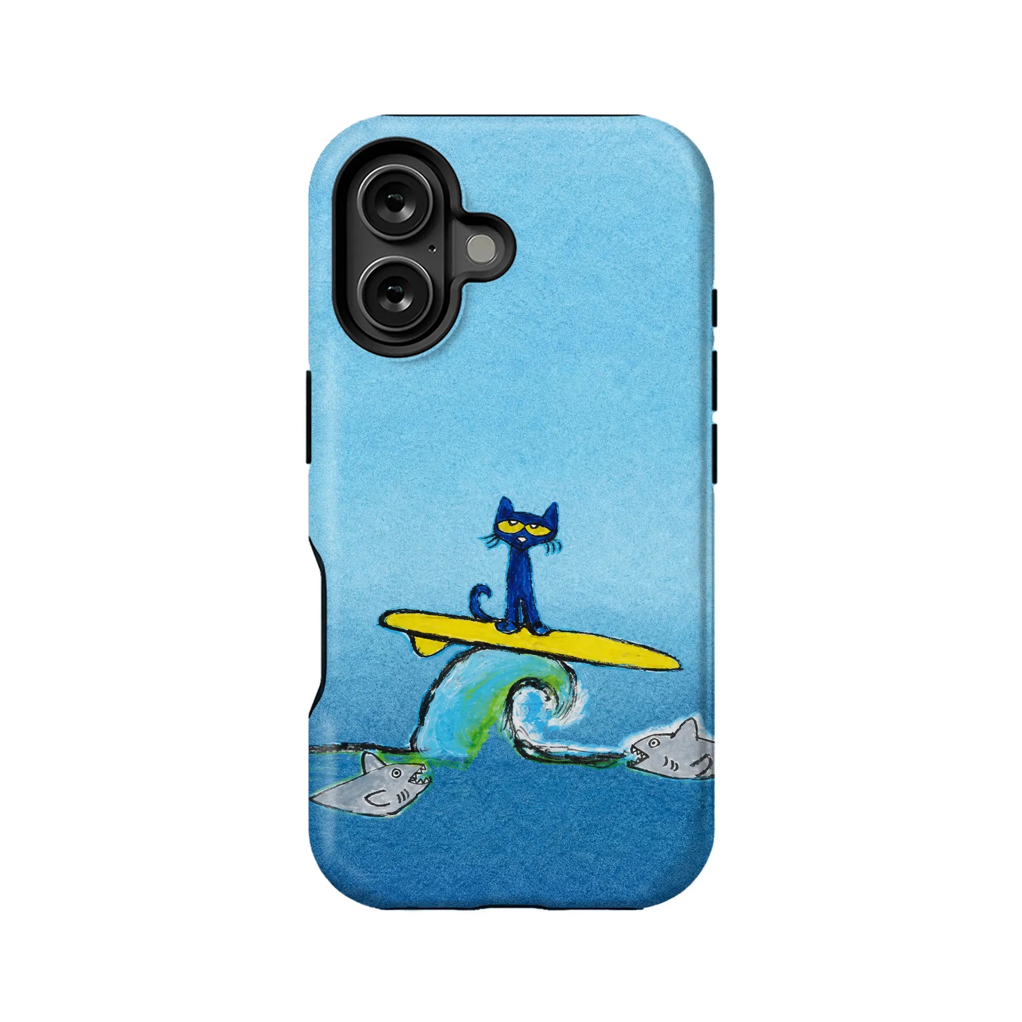 Blue phone case with cartoon surfing cat and sharks, rear product angle