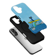 Blue surfer cat phone case with black insert, angled exploded product view