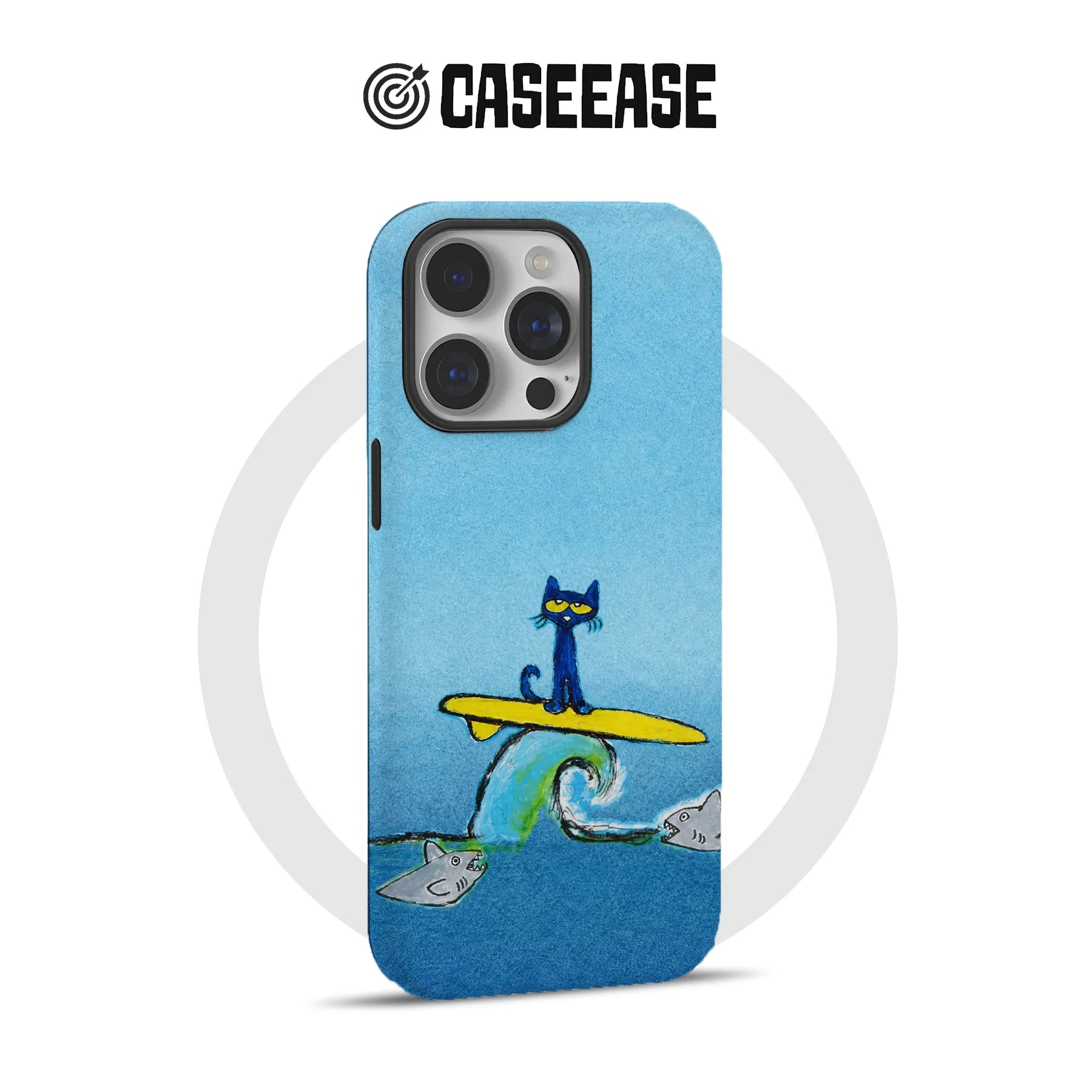 Blue CASEEASE phone case rear view with cartoon surfing cat and sharks