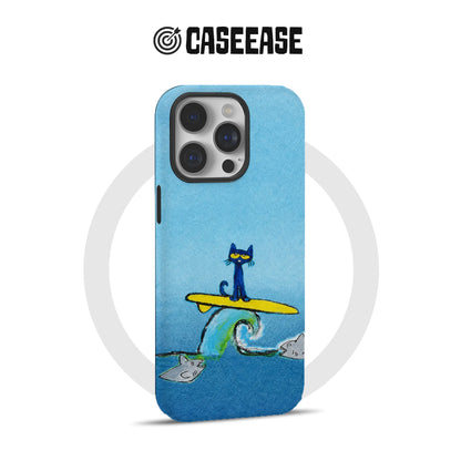 Blue CASEEASE phone case rear view with cartoon surfing cat and sharks
