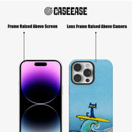 Blue illustrated CASEEASE phone case front and back angles with raised screen camera frames