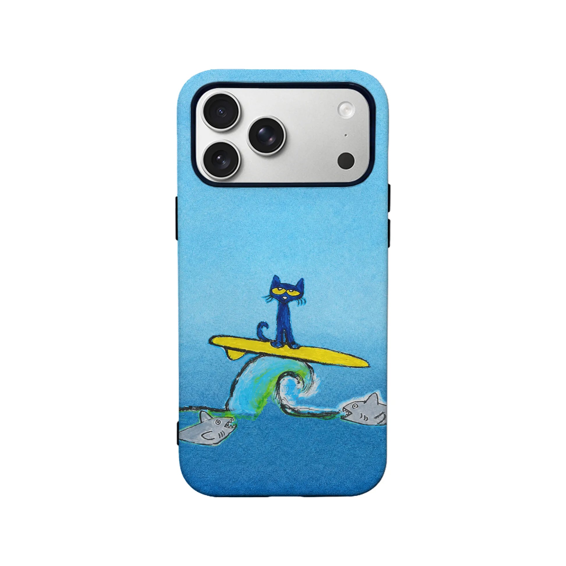 Blue illustrated phone case with surfing cat design, rear view for Shopify product