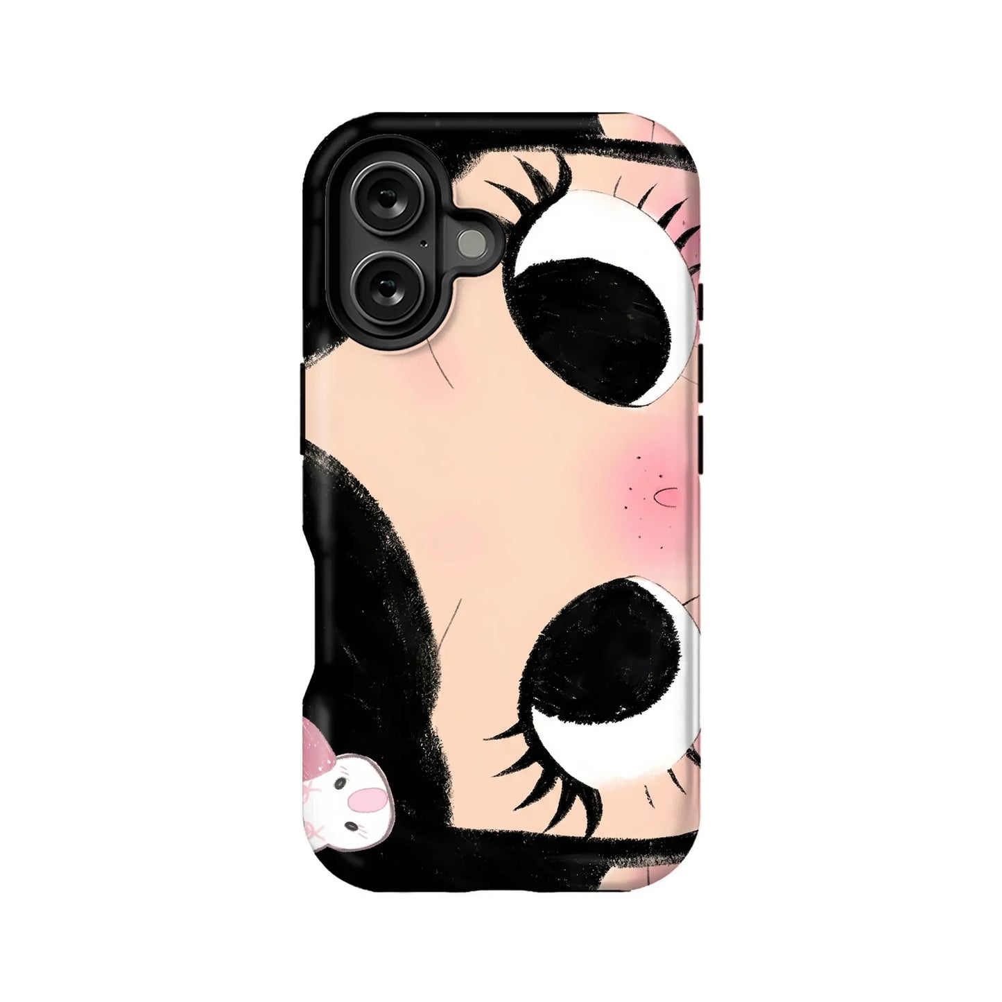 Pink and black cartoon eye phone case shown from back product angle