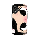 Pink and black cartoon eye phone case shown from back product angle
