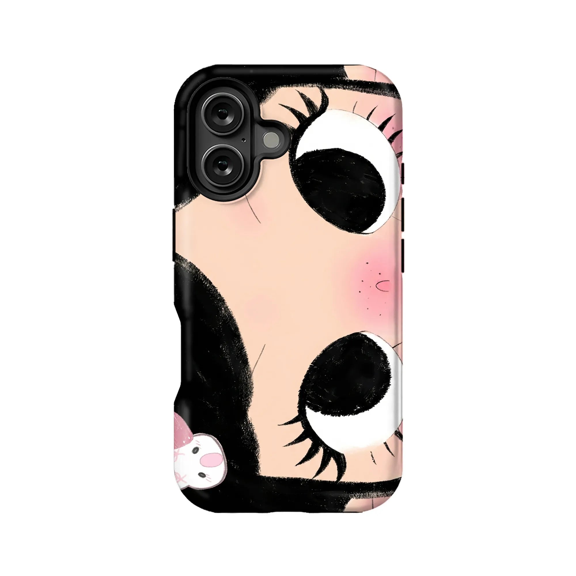 Pink and black cartoon eye phone case shown from back product angle