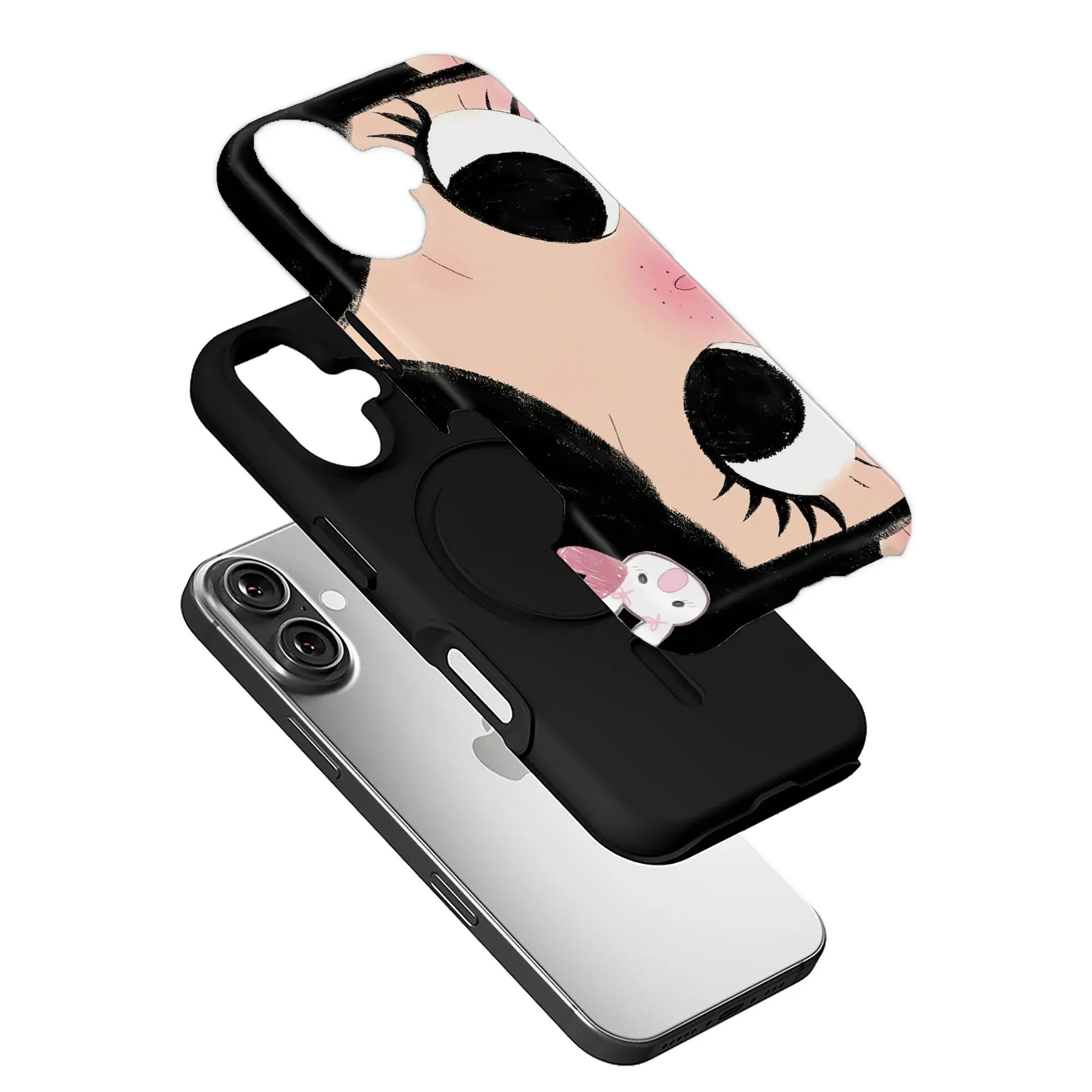 Black and peach face-pattern plastic iPhone case shown angled above silver phone