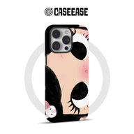 Peach, black, and white cartoon eye phone case shown from rear angle
