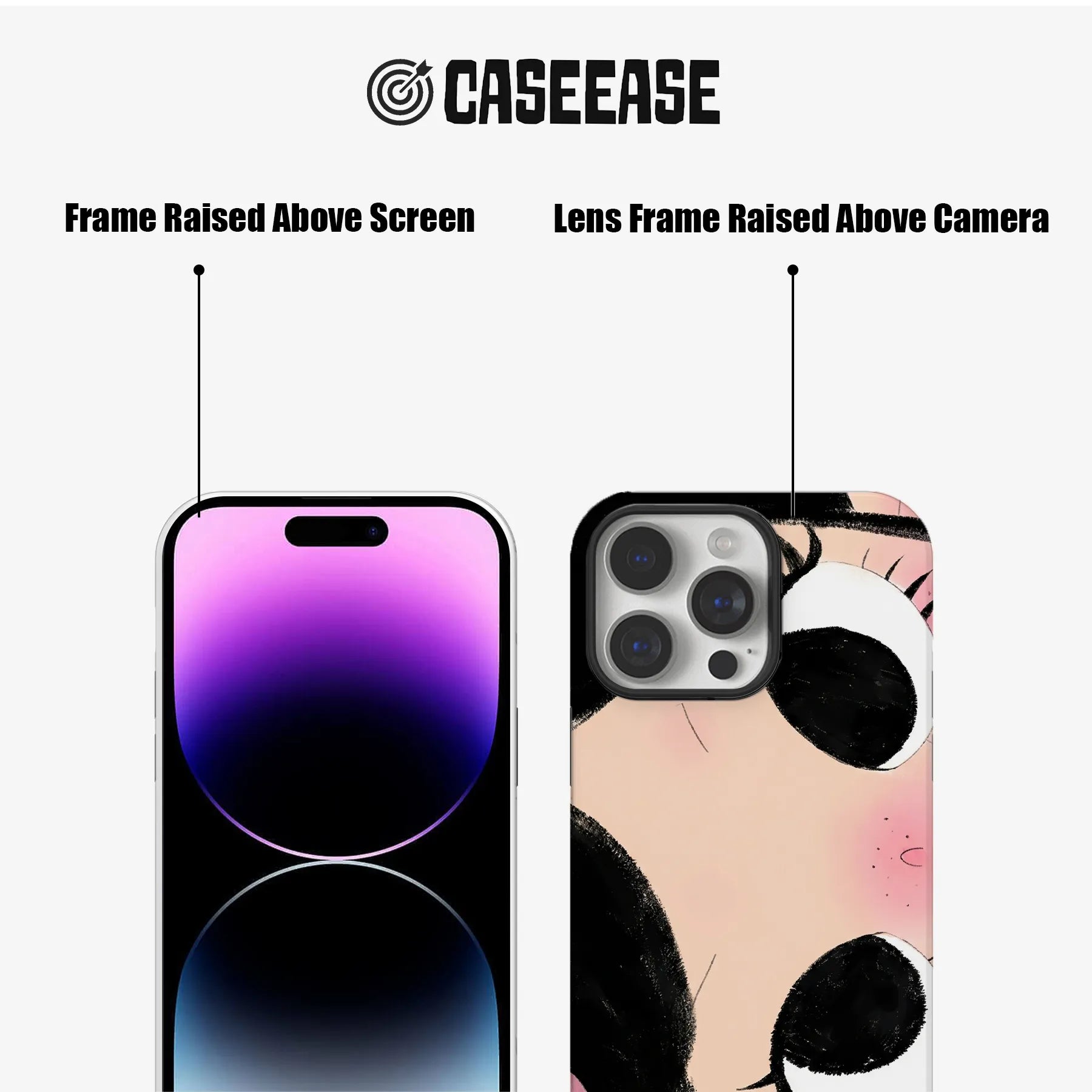 Black panda phone case close-up showing raised screen and camera lens frames