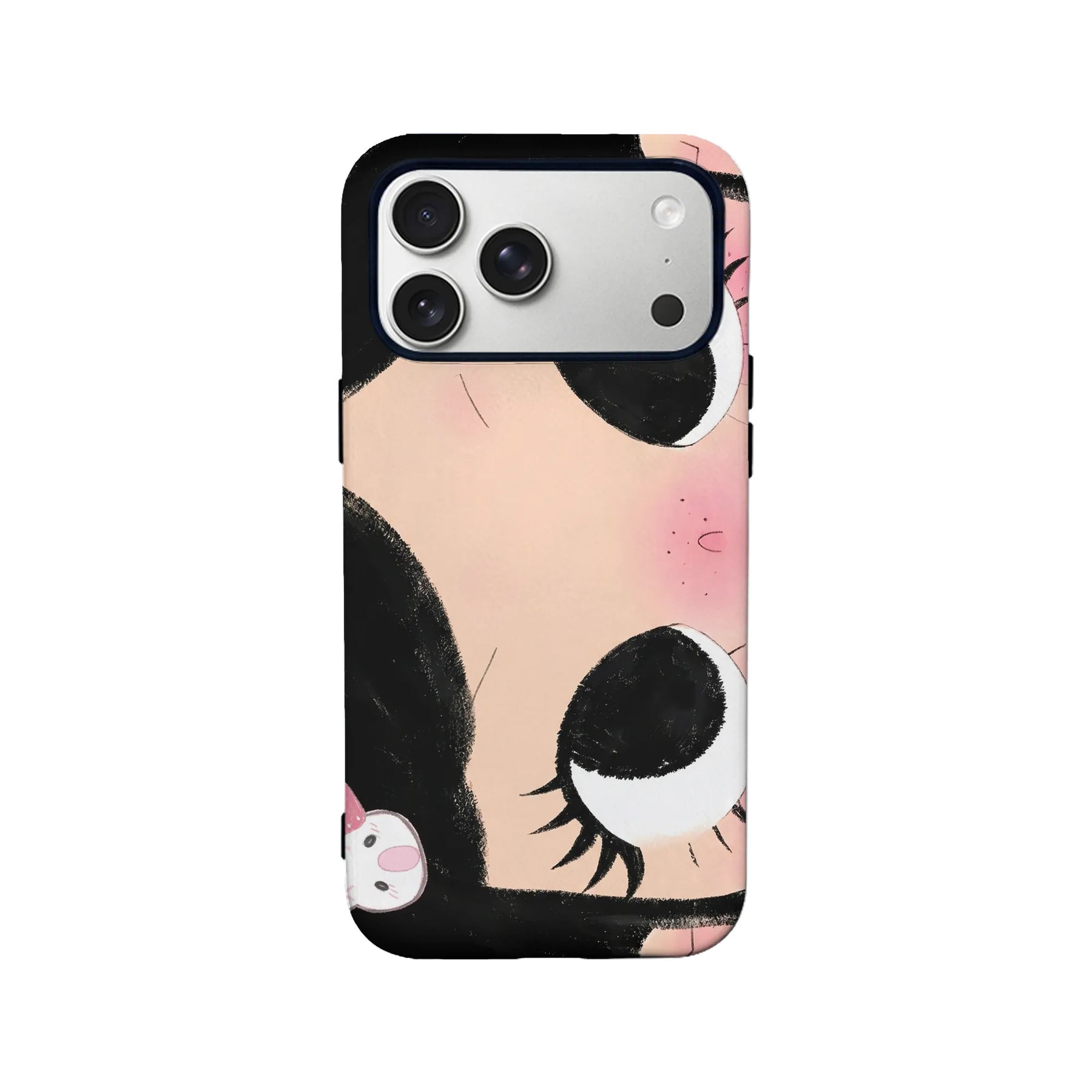 Pink and black panda face phone case shown from rear angle