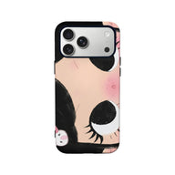 Pink and black panda face phone case shown from rear angle