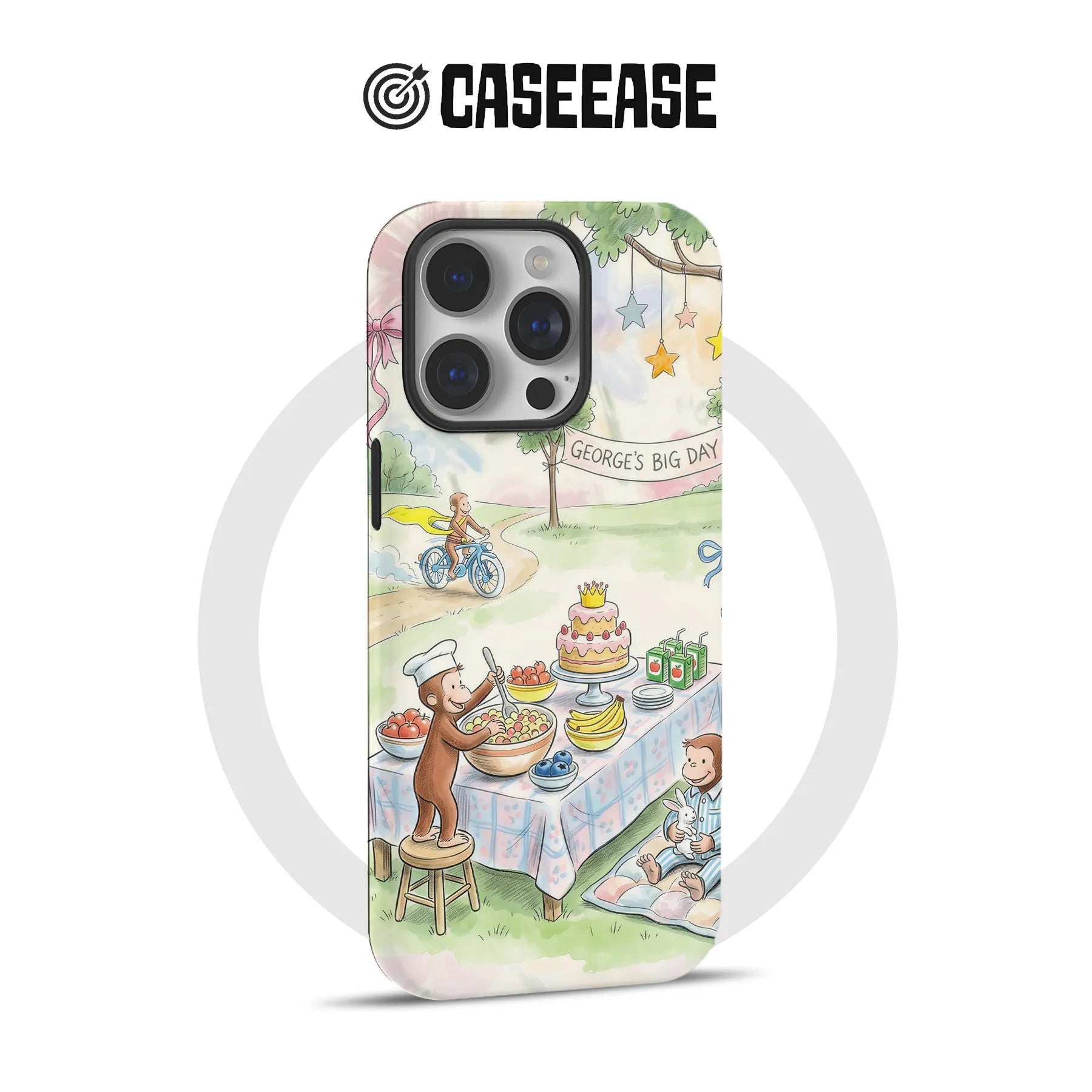 Pastel illustrated phone case back with birthday picnic scene and camera cutout
