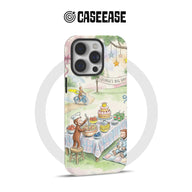 Pastel illustrated phone case back with birthday picnic scene and camera cutout