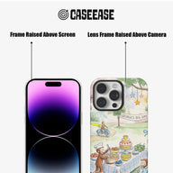 CASEEASE pastel illustrated phone case front and rear angles showing raised screen and camera frames