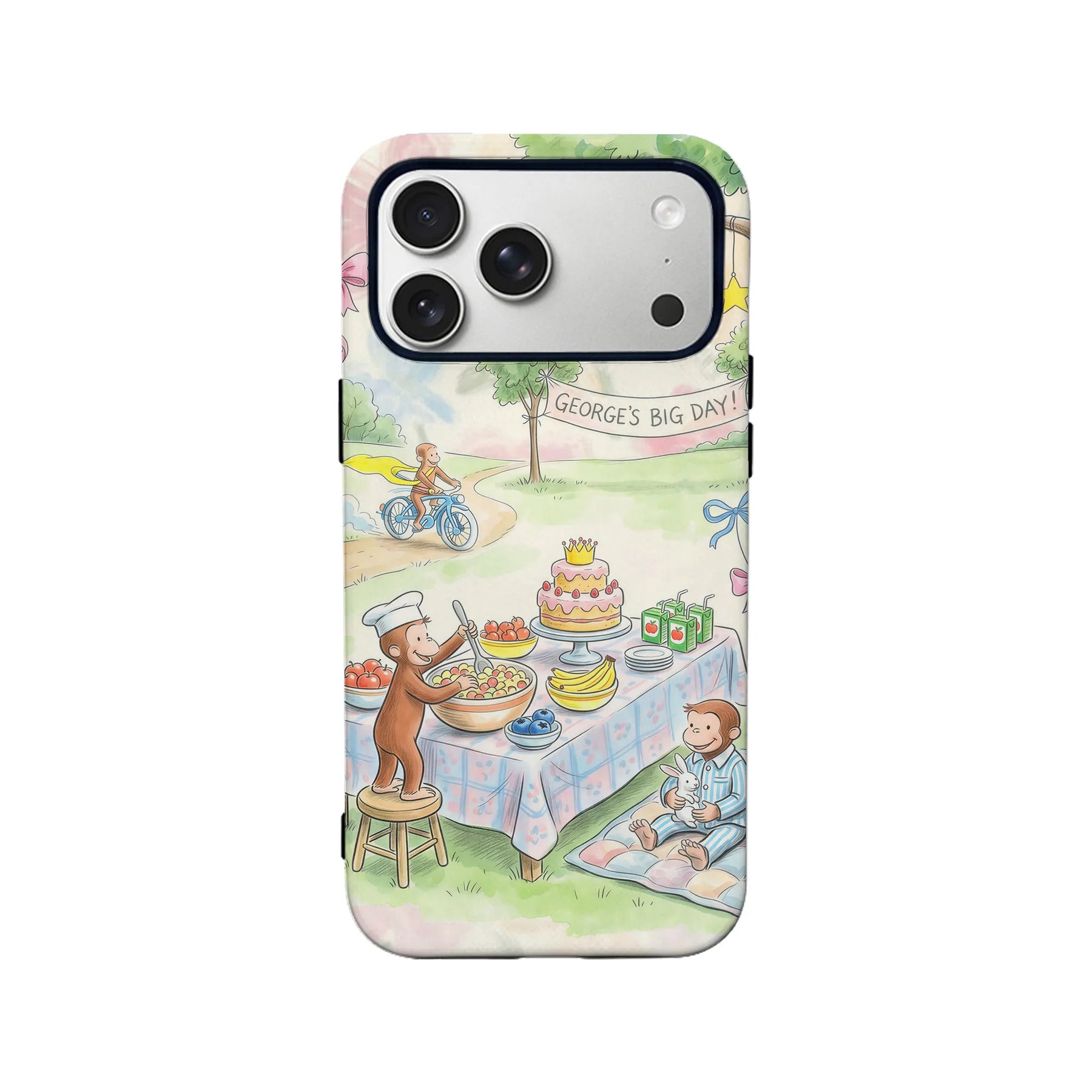 Pastel cartoon birthday picnic phone case shown from back with camera cutout