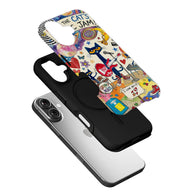 Colorful illustrated cat music phone case shown angled above black case and smartphone