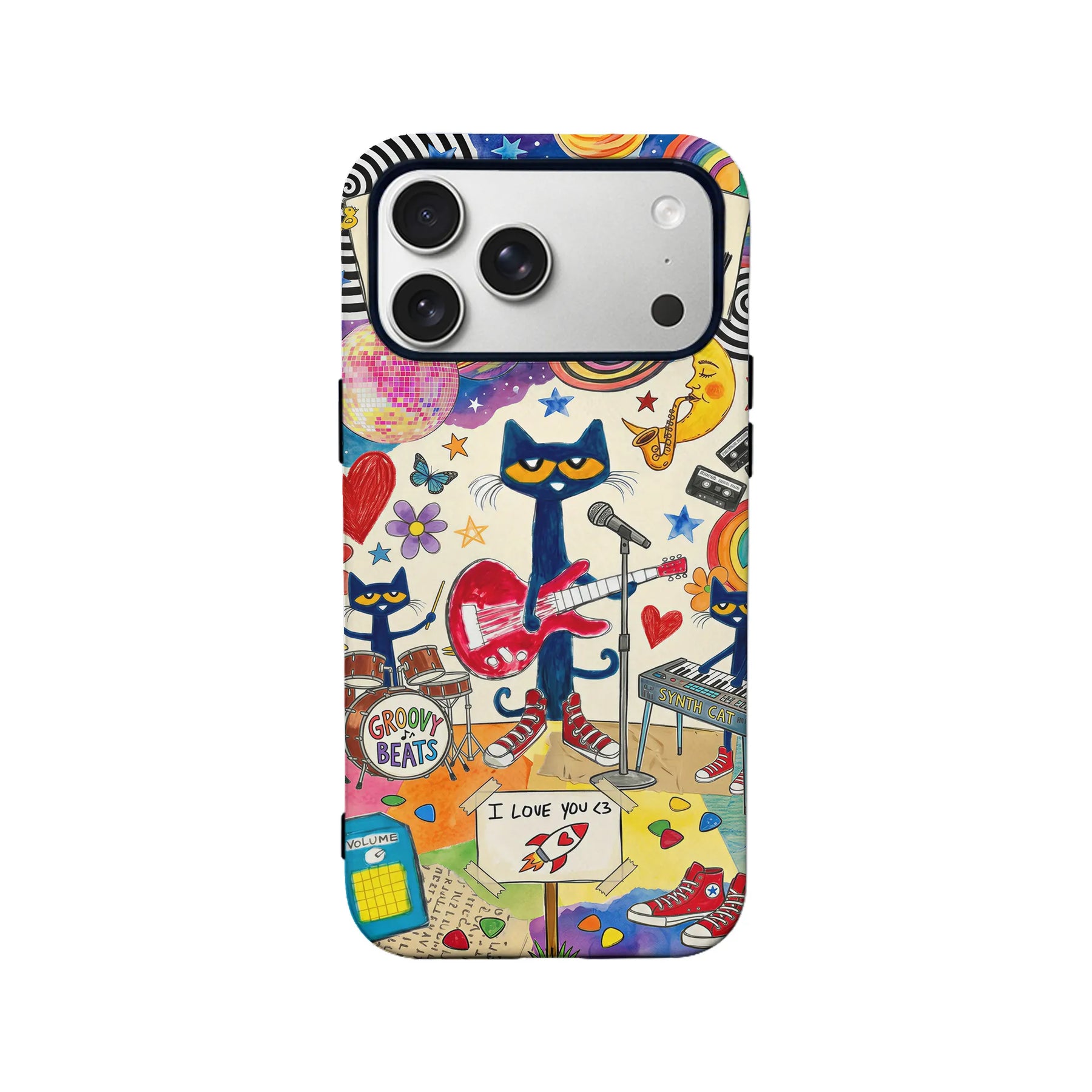 Colorful illustrated cat band phone case, rear angle with camera cutout