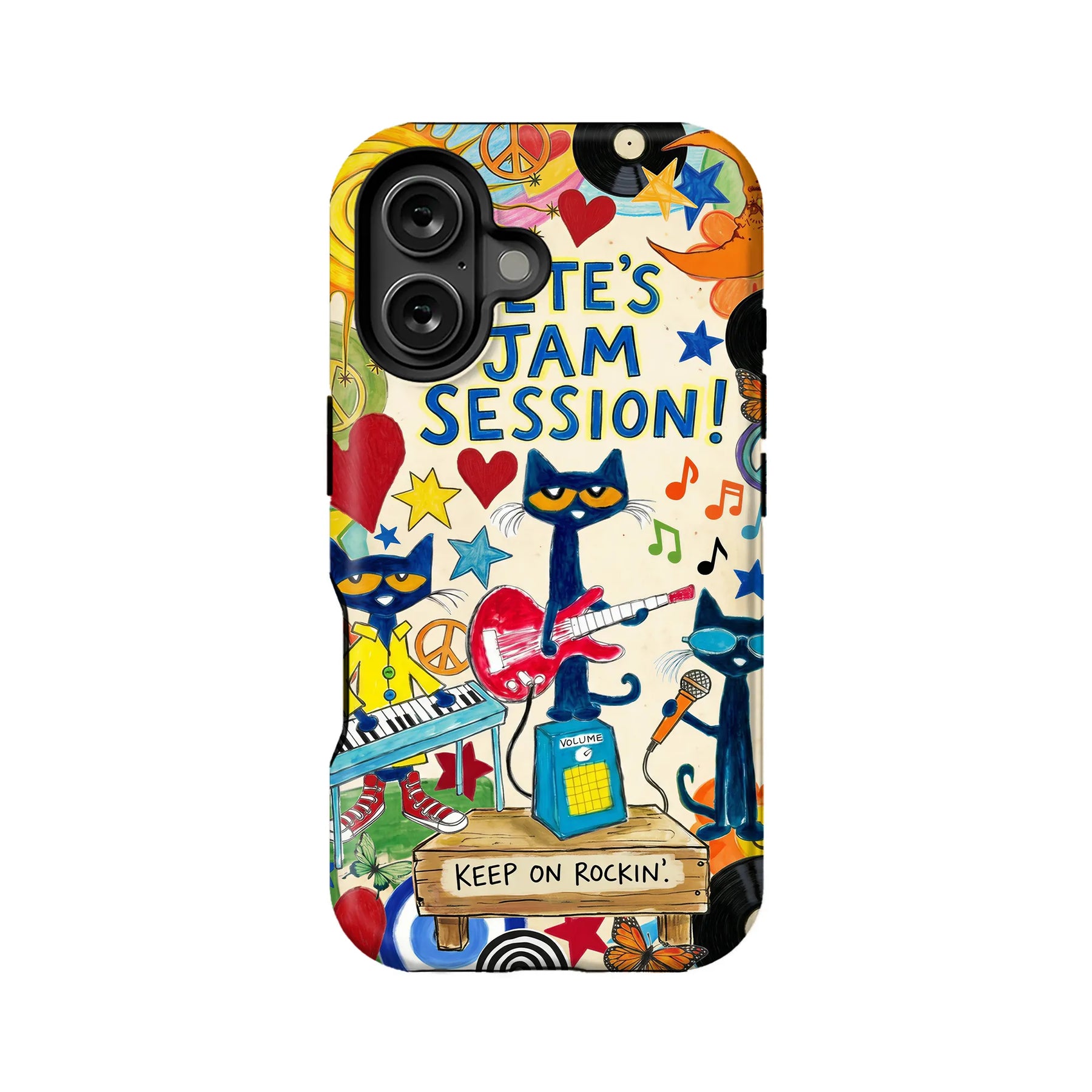 Colorful plastic phone case back view with illustrated cats, instruments, and jam session text