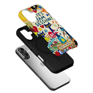 Colorful music-themed plastic phone case shown angled above black smartphone shell