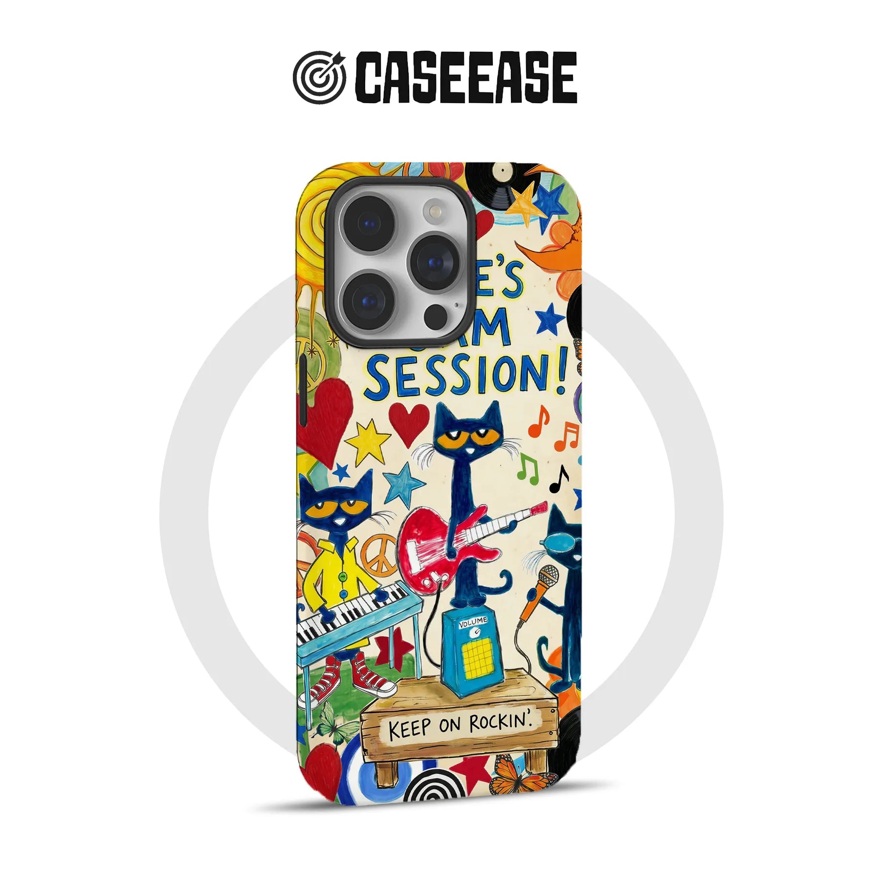 Colorful CASEEASE phone case with cartoon cats and instruments, rear product angle