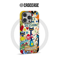 Colorful CASEEASE phone case with cartoon cats and instruments, rear product angle