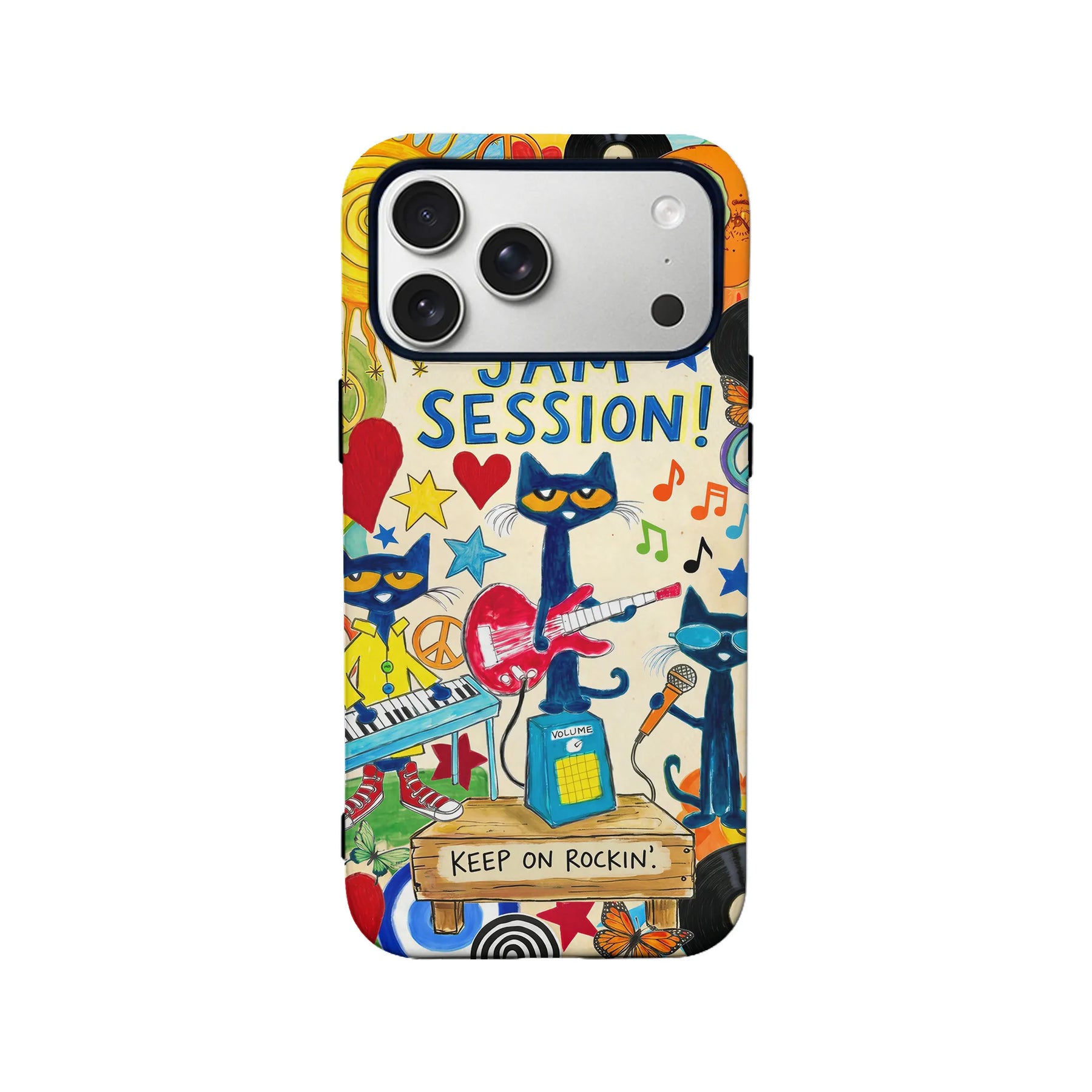 Colorful cartoon cat jam session phone case, straight rear view with camera cutout