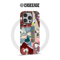 Snoopy collage phone case with vintage patchwork design, books, flowers, and cute Snoopy illustrations.
