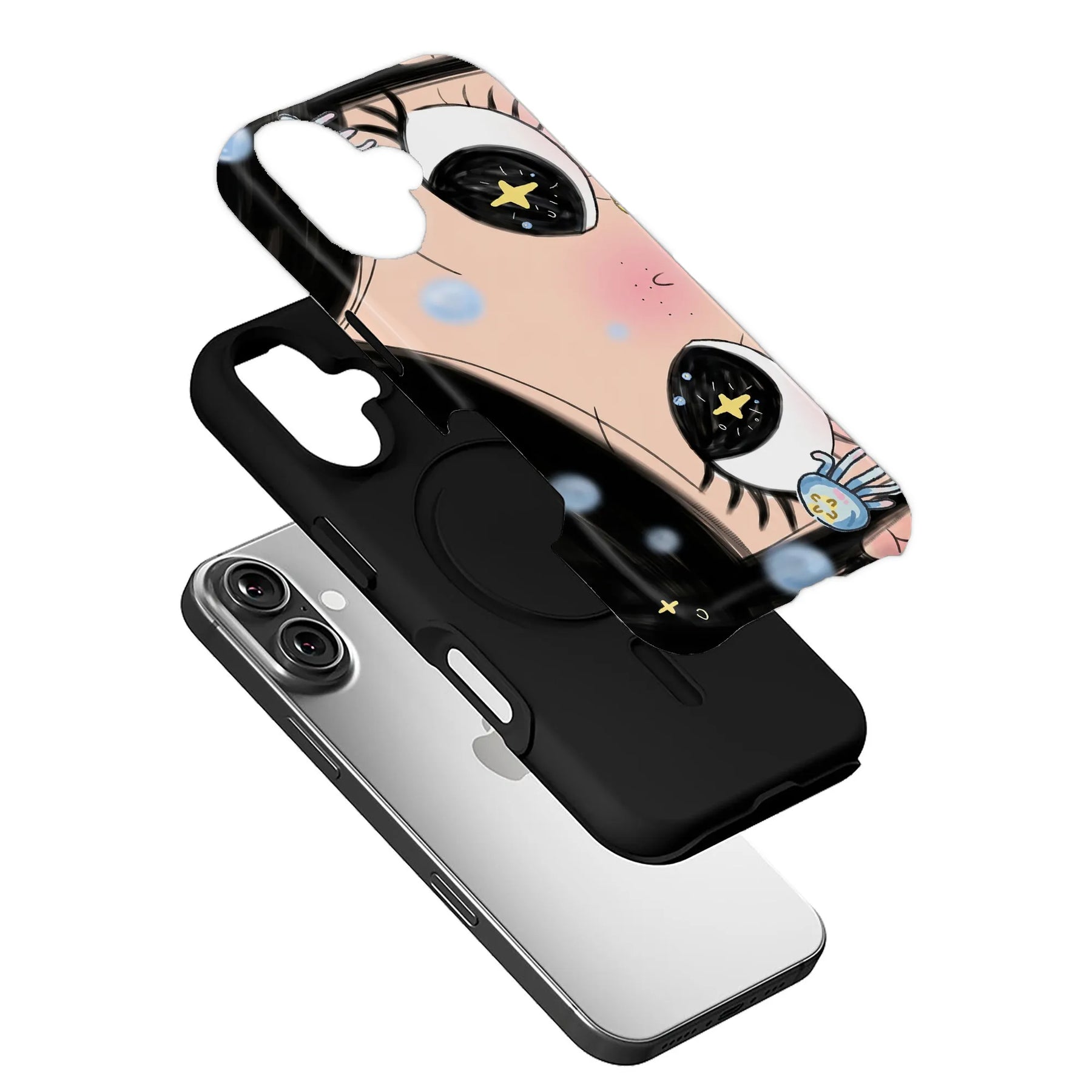 Black phone case with glossy cartoon face design shown in angled exploded product view