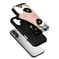 Black phone case with glossy cartoon face design shown in angled exploded product view