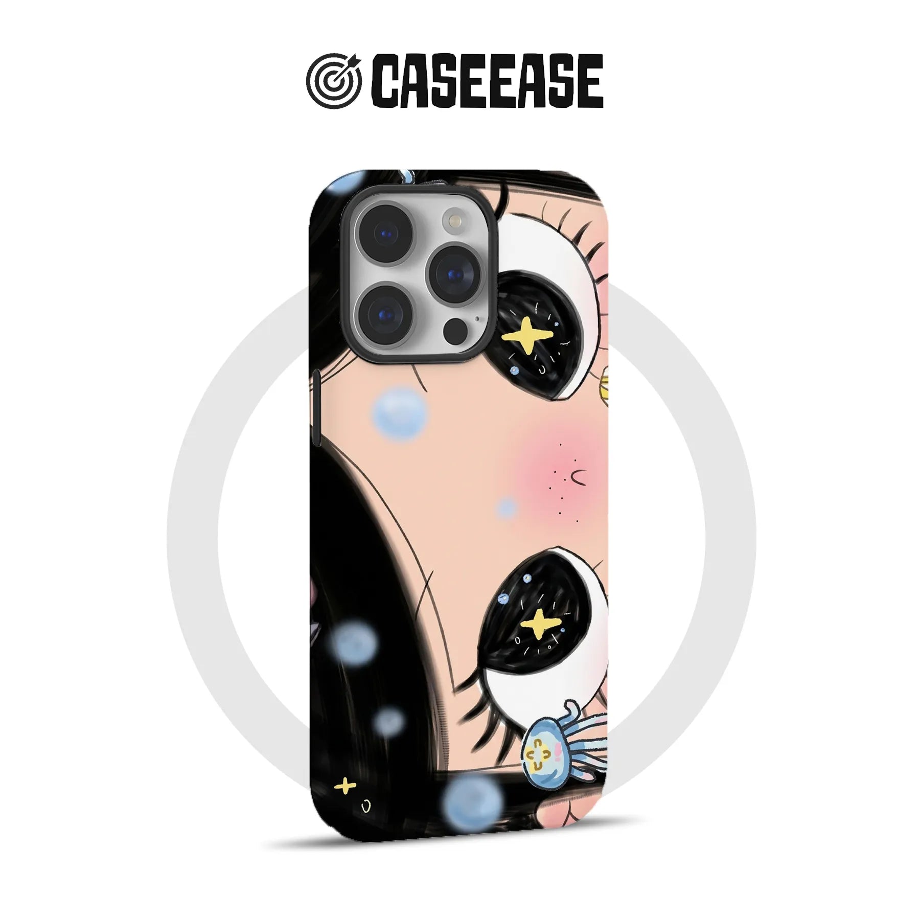 Pink and black anime eye phone case shown from rear for CASEEASE storefront