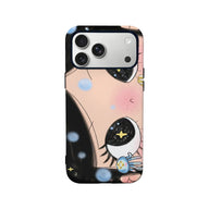 Pink anime eye phone case, rear view with black edges and camera cutout