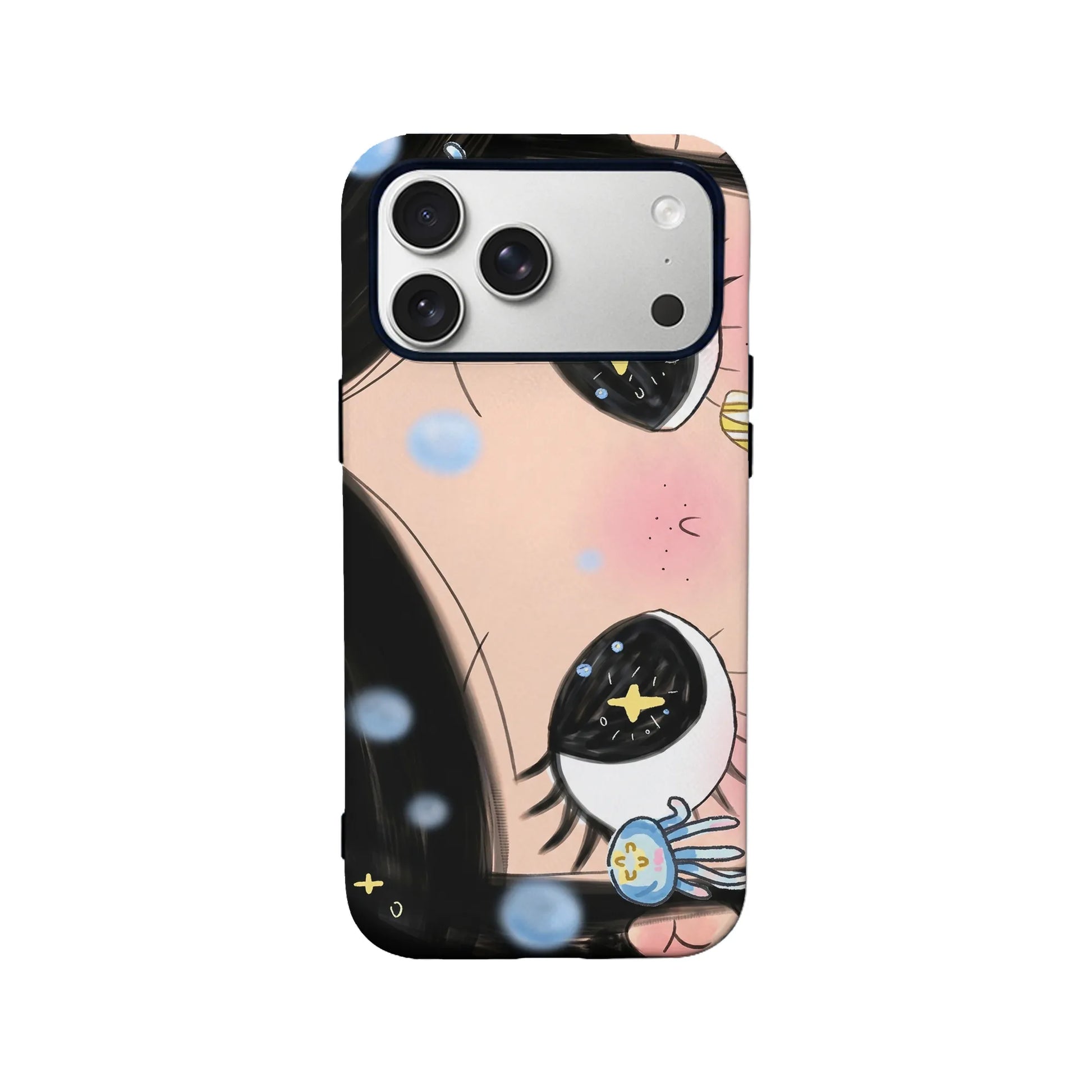 Pink anime eye phone case, rear view with black edges and camera cutout