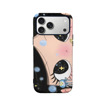 Pink anime eye phone case, rear view with black edges and camera cutout