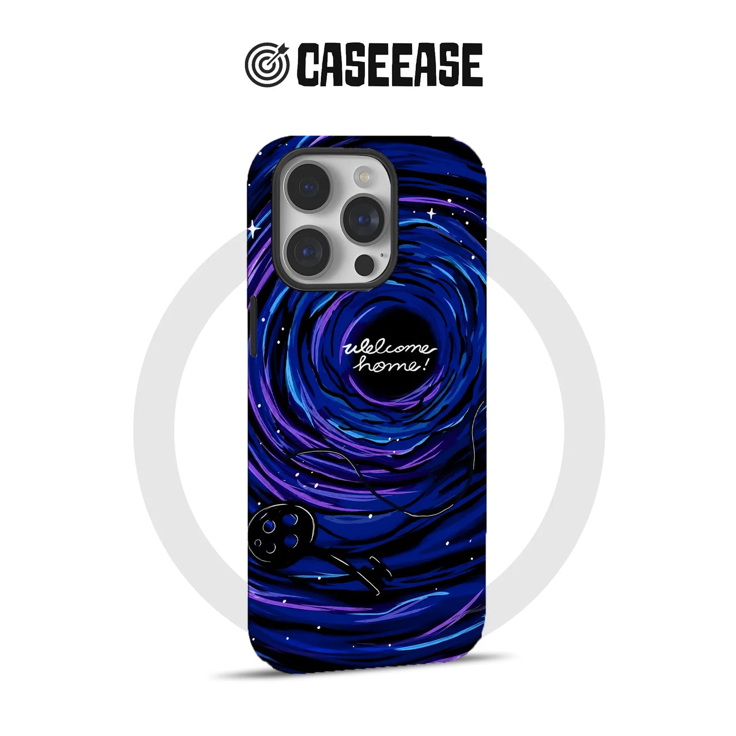 Back view blue and purple CASEEASE galaxy phone case with black hole artwork