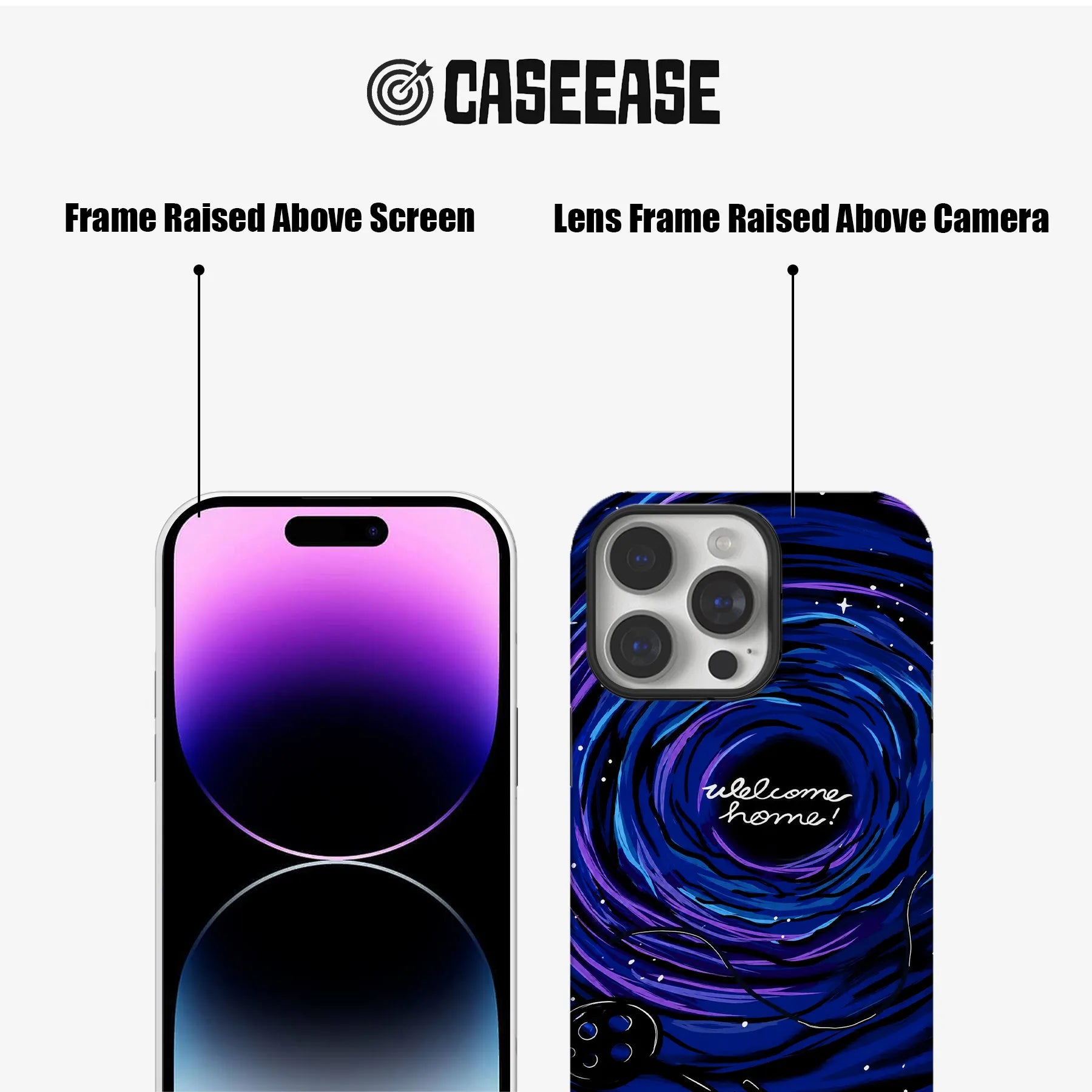 Blue purple swirl phone case shown front and back with raised screen and camera frames