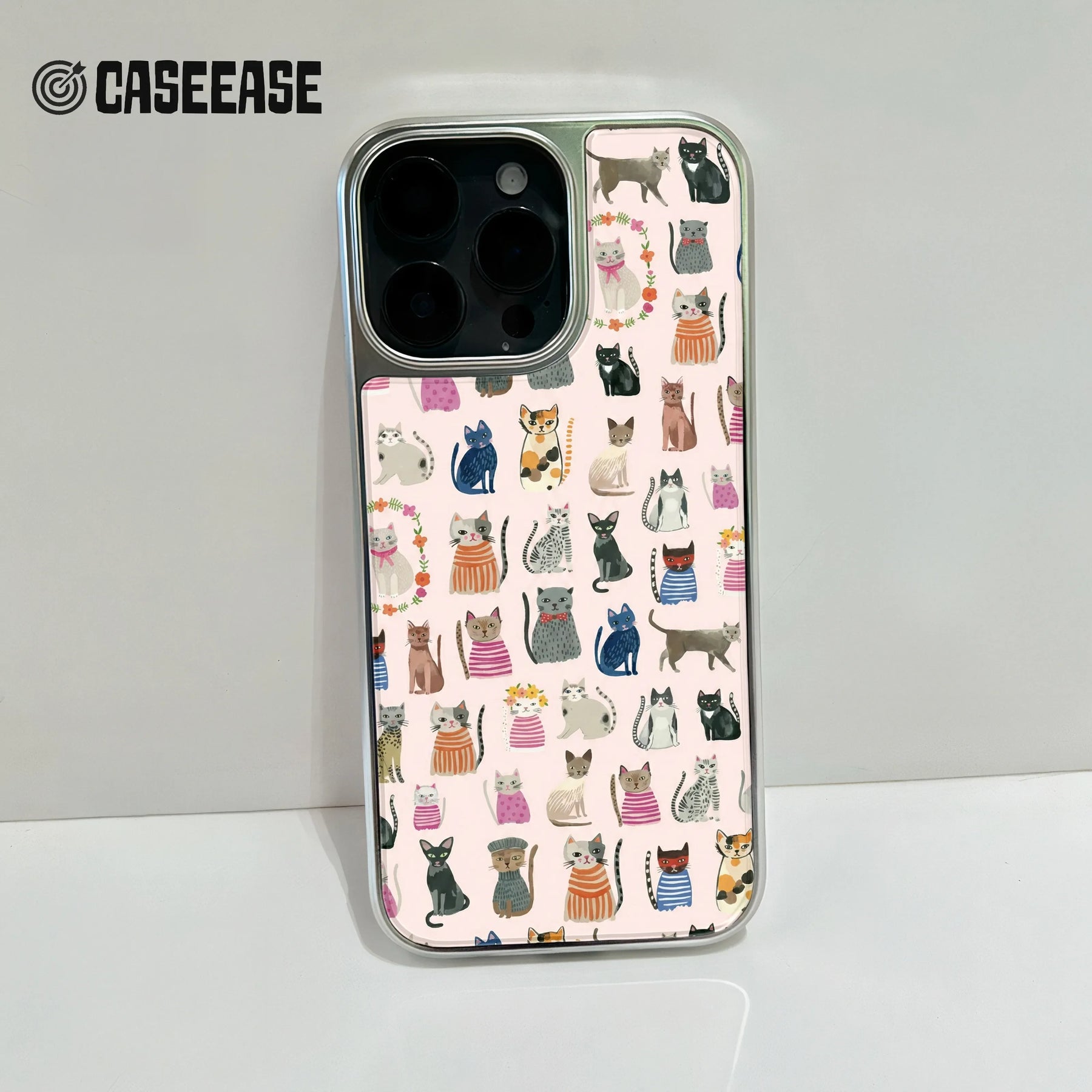 Funda holográfica cromada con diseño de gato - Diseño felino caprichoso